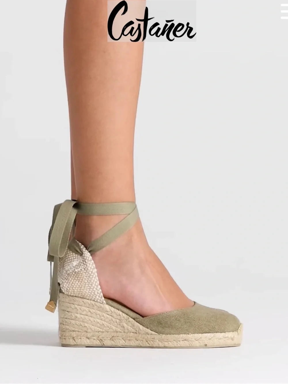 Castañer Carina Canvas Wedge Espadrilles Olive Green Size 37